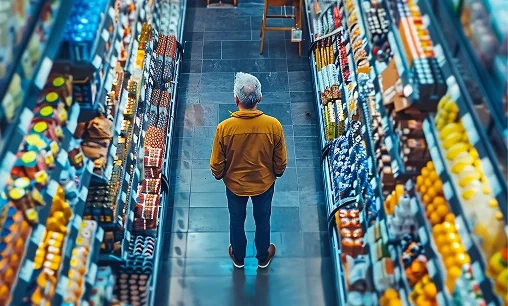 Man standing in an aisle with consumer products displayed on racks