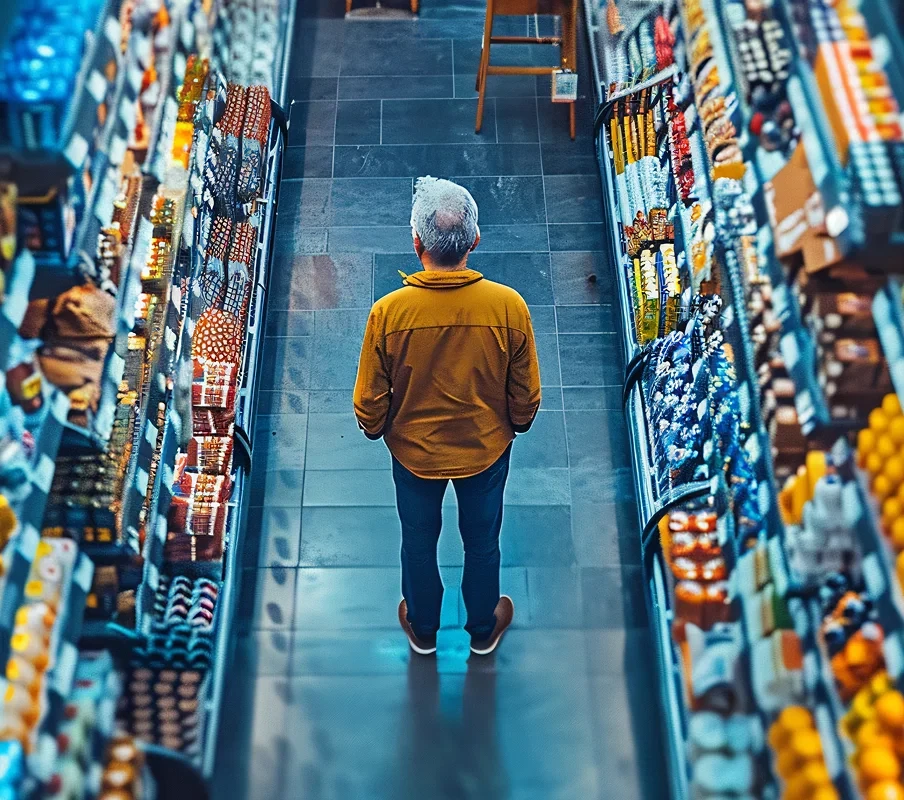 Man standing in an aisle with consumer products displayed on racks